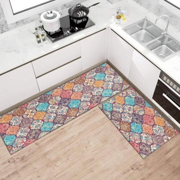 Boho Floral Kitchen Bath Rugs Mat Non-Slip Washable Runner 2pc - Picture 4 of 8